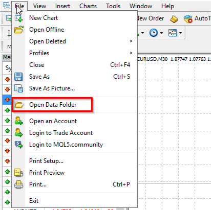 ascreenshot shows the File menu in MetaTrader 4 (MT4), highlighting the 'Open Data Folder' option.