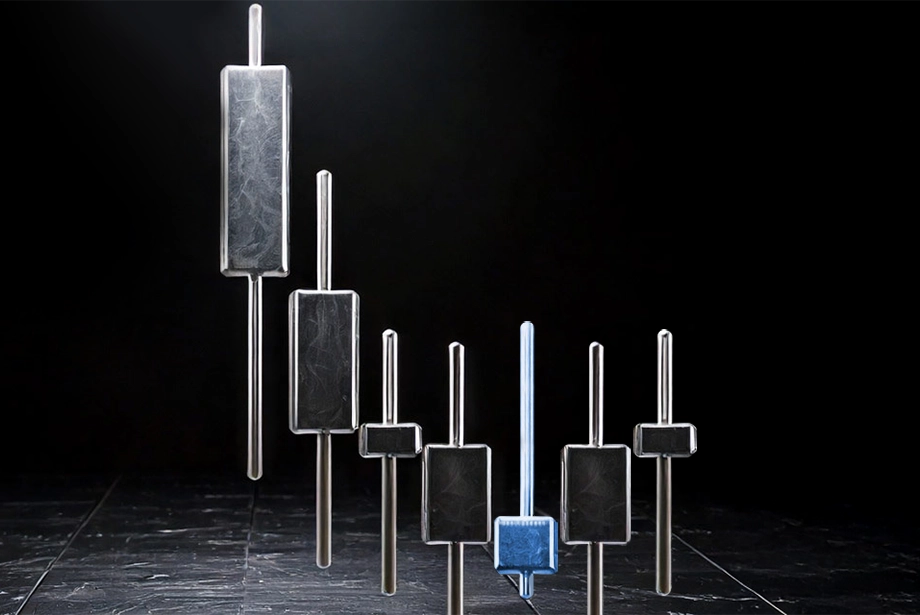 3D metallic candlestick chart models on a dark reflective surface, visually representing an inverted hammer candlestick pattern, with one candlestick highlighted in blue to indicate significance.