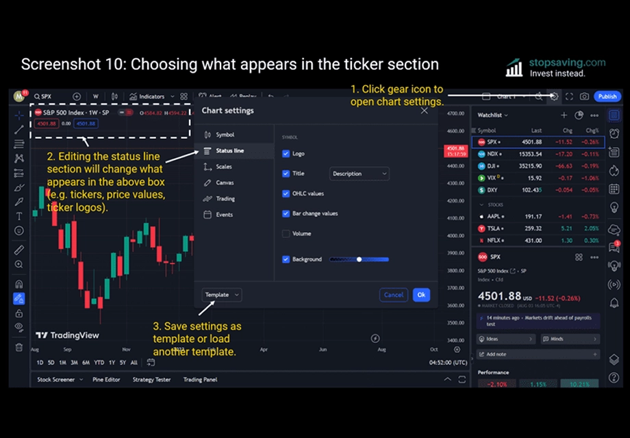 TradingView interface showing how to customize the ticker display